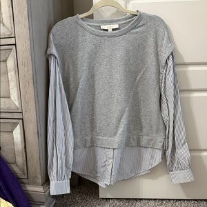 LOFT Gray Layered Sweatshirt with Blue-White Striped Shirt Details